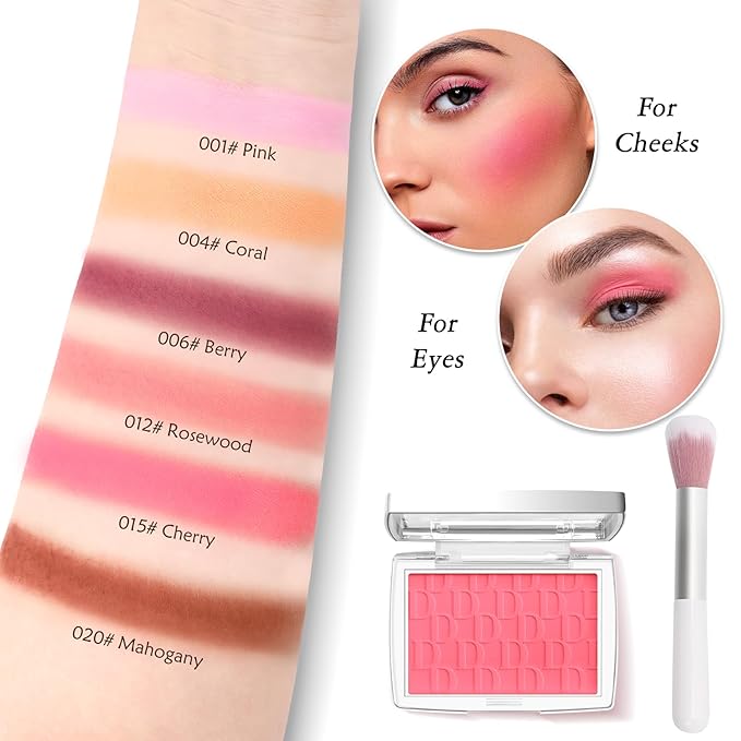 Coral Blush Powder Blush for Cheeks with Brush, Matte Blush Palette Blush Powder Face Blusher, Natural Blendable Formula Silky Lightweight Makeup Blush Rubores de Maquillaje, 004#