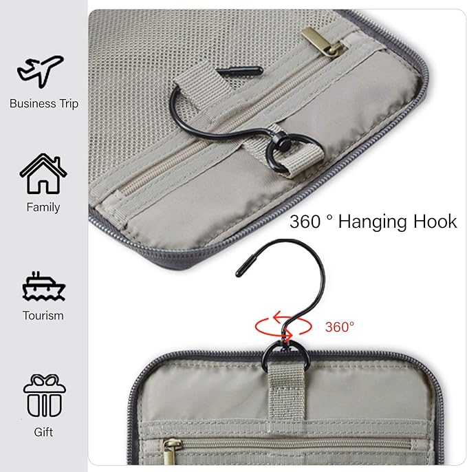 BAGSMART Hanging Toiletry Bag, Water-resistant Leather Dopp Kit, Large Travel Organizer for Full Sized Container, Grey