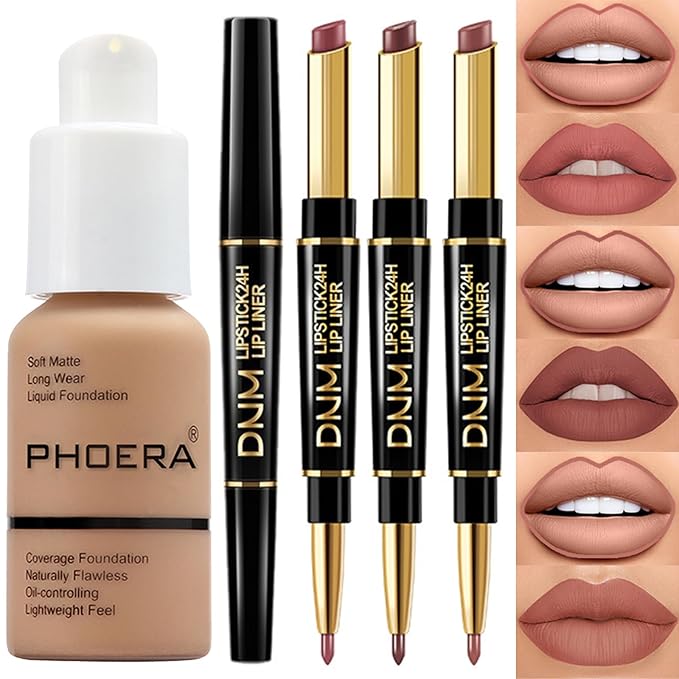 PHOERA Foundation Full Coverage,3Pcs Lip Liner and Lipstick Sand+Lip SetA)