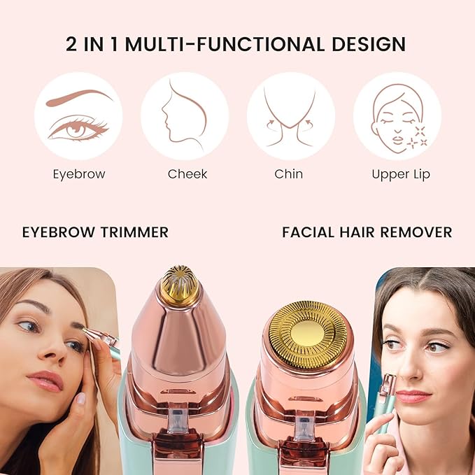 Hatteker Eyebrow Facial Trimmer, 2 in1 Rechargeable Hair Removal and Eyebrow Shaver - Face Lips Body Painless Razor with Built-in LED Light (Green)