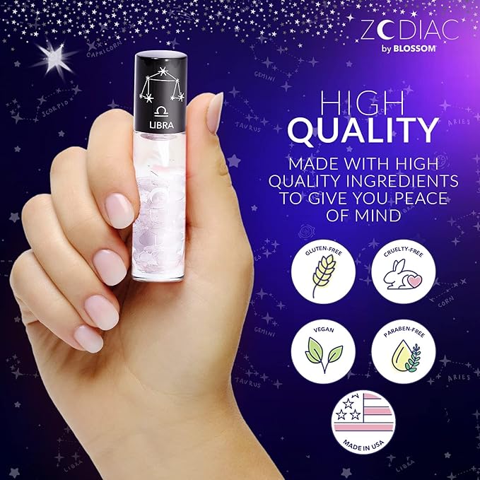 Blossom Zodiac Sign Vanilla Scented Moisturizng Roll On Lip Gloss with Crystals + pH Technology Color Charnging Shimmering Lip Balm, 2 Pack Bundle, Libra/Crystal