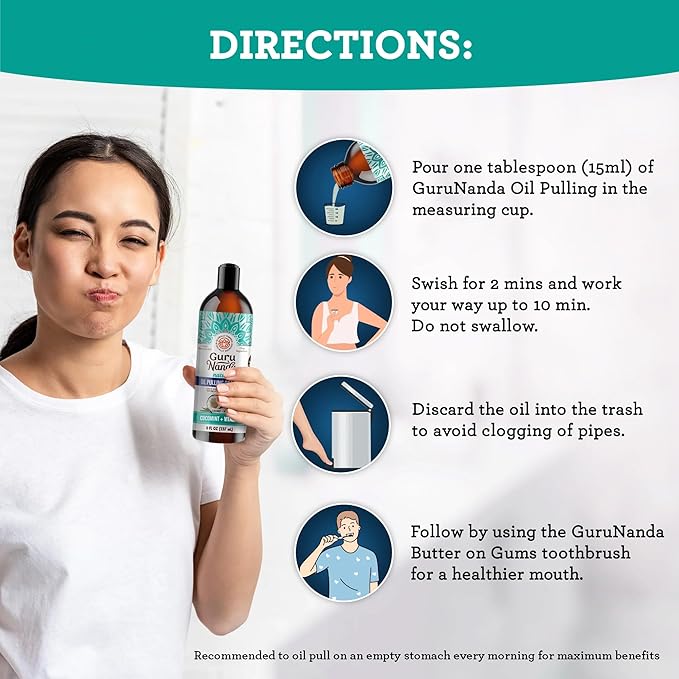 GuruNanda CocoMint Oil Pulling Mouthwash for Complete Oral Hygiene, 7 Essential Oils & Vitamins for Happy Teeth & Gums & Fresh Breath, Alcohol-Free, 6X8 oz