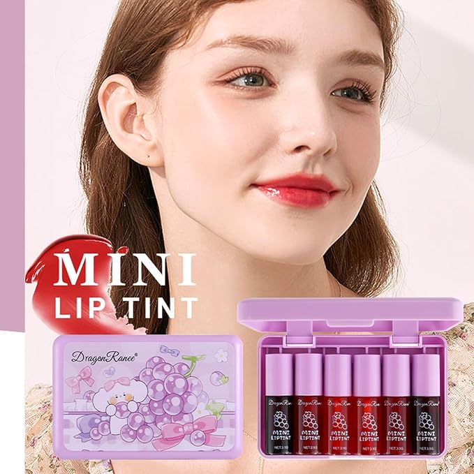 6 Colors Grapes Lip Tint Stain Set, Korean Velvet Lip Stain Watery Lip Stain Moisturizing Mini Liquid Lipstick Set, Long Wearing, Non-Stick Cup, Waterproof, High Pigment, Lip Tint Makeup