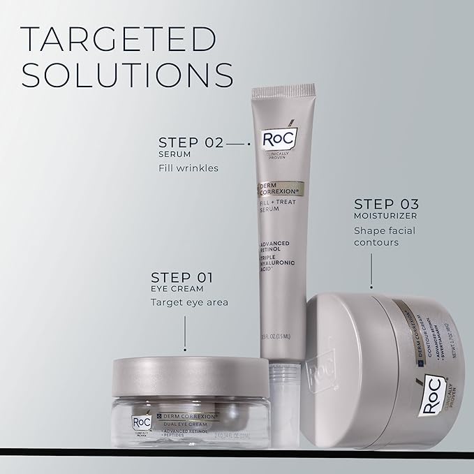 RoC Derm Correxion Fill + Treat Advanced Retinol Serum, Wrinkle Filler Treatment with Hyaluronic Acid for Crow's Feet, 11 Wrinkles, & Laugh Lines, (.5 fl oz) with Retinol Packette (Packaging May Vary)