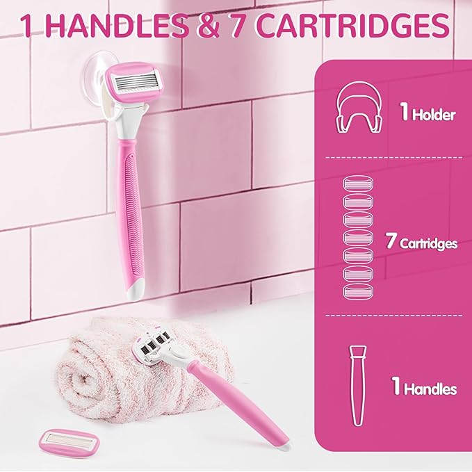 DreamGenius Razors for Women Include 1 Non-Slip Handles and 7 Blade Refills with a Shower Holder, 5 Premium Blades Women's Razors for Shaving with 360° Lubrication Reduces Irritation, Pink