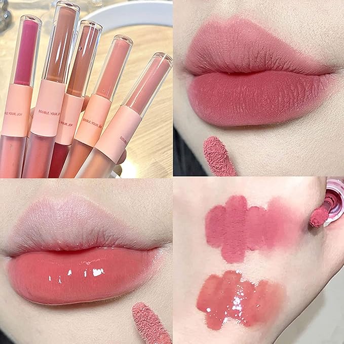 KWOLYKIM 2 In 1 Double Mirror And Matte Lip Gloss, Hydrating Lip Gloss with Essential oil, Liquid Shine Glossy Lip Tint, Hydrated & Fuller-looking Lips, Long-Lasting Sweet Lip Glaze
