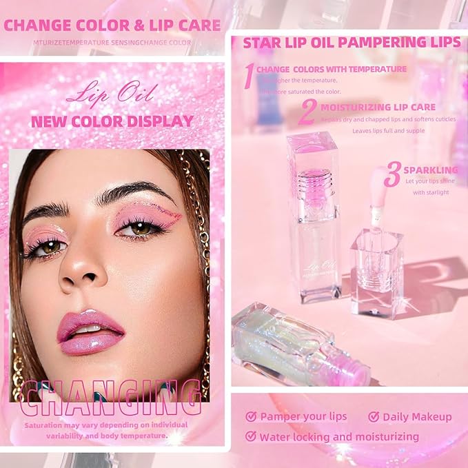 Magic Color Changing Lip Oil Ph, Glitter Lip Gloss, Upgraded Big Brush Head Moisturizing Lip Oil Long Lasting Nourishing Lip Glow Oil Non-Sticky Primer Lip Tint (# 02, 0.3 Oz)