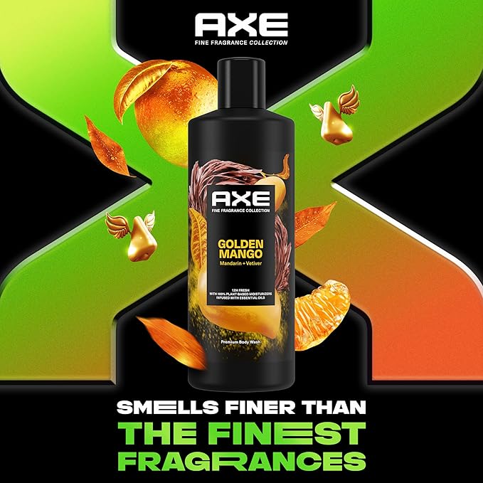 AXE Fine Fragrance Collection Body Wash For Men Golden Mango 4 Count 12h Refreshing Scent Shower Gel Infused with Mango, Mandarin, and Vetiver Essentials Fine Fragrance Collection 18 oz