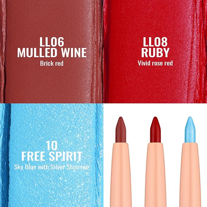 Oulac Waterproof Lipliner Pencil Set - Smooth and Creamy, Retractable Lip Makeup for Precision Application, Vegan & Cruelty-Free, LL06+LL08+10