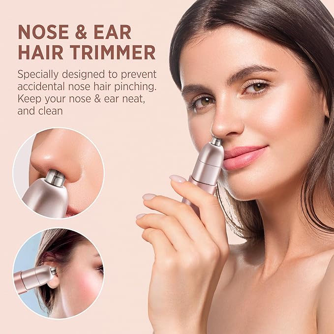 Facial - Nose Hair Remover Women: 2 in 1 Painless Electric Face Shaver and Nose Trimmer - Rechargeable Hair Removal Tool for Face Nose Ear Peach Fuzz Lips Chin