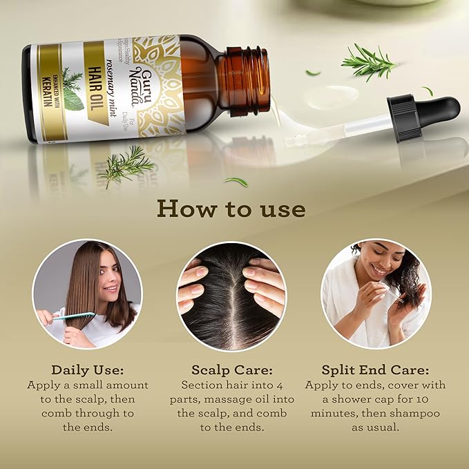 GuruNanda Rosemary Mint for Hair Growth with Keratin & Vitamin E Oil - Encourages Scalp, Shine & Hair Strengthening- 100% Natural, Cruelty-Free, 2oz