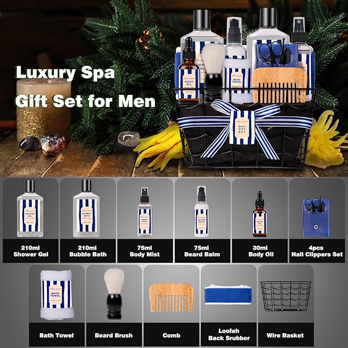 Valentines Day Gifts for Men, Bath and Body Gift Sets for Men with 10 Pcs Cedar & Bergamot Spa Gifts for Men, Bath Sets Includes Shower Gel, Bubble Bath, Body Mist. Perfect Father's Day Gifts for Men