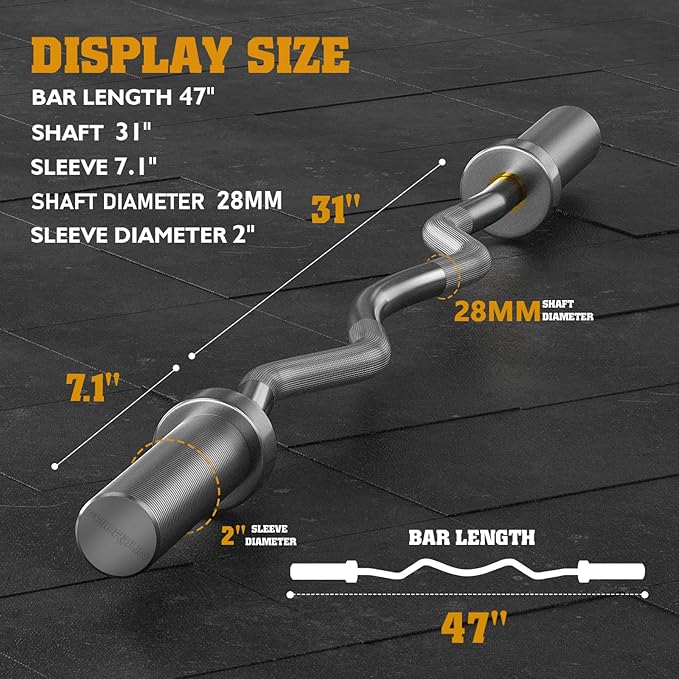 FEIERDUN Olympic EZ Curl Bar - 47" Weightlifting (390LBS Capacity), 2-Inch Weight