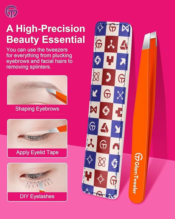 Expert Eyebrow Hair Removal Tweezer with Leather Case, GlamTweeler High Precision Slant Tip Stainless Steel Tweezers for Men and Women (Orange)