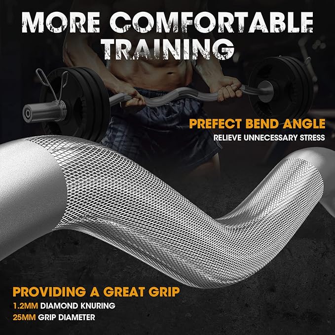 FEIERDUN Olympic Barbell EZ Curl Bar 47in/4ft/5ft/6ft/7ft for Weightlifting 2 inch 2 Spring