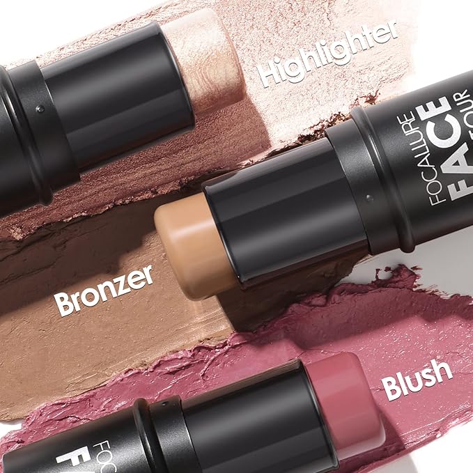 FOCALLURE 3 Pcs Cream Contour Sticks,Shades with Highlighter Finishing Makeup,LIGHT-MEDIUM