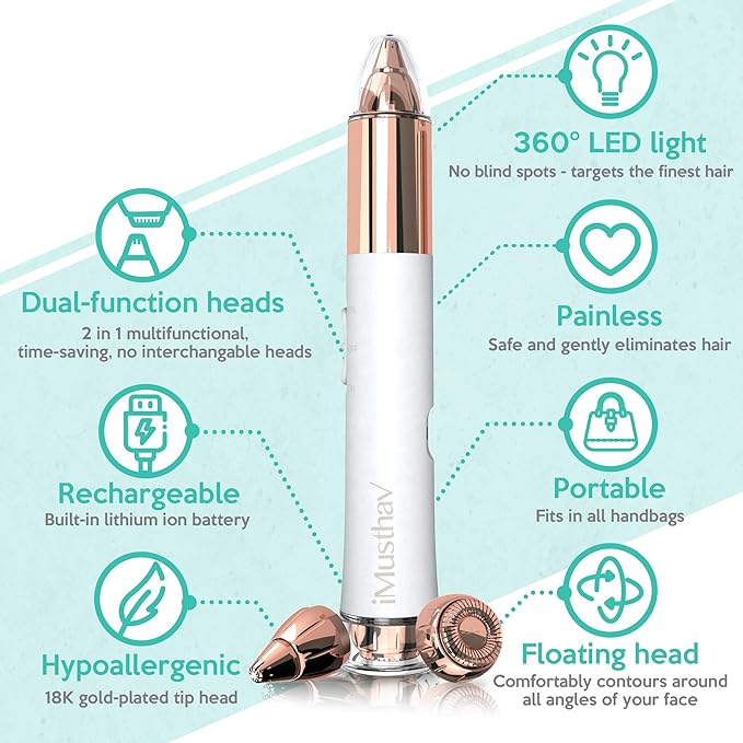 2-in-1 Portable Rechargeable Painless Eyebrow Trimmer & Facial Hair Remover, removes Eyebrow, face, Lips and Body Hair for Women. 18K Gold Plated Hypoallergenic Heads, 360° LED Light for Hair Remover