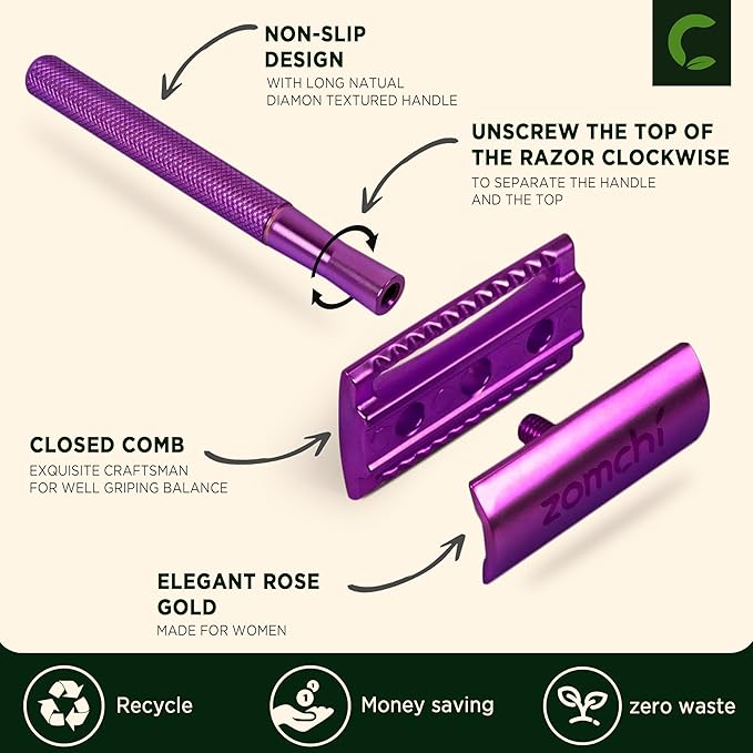 ZOMCHI Purple Double Edge Safety Razor with Stand,Reusable,10 Blades,Unisex-Adults – Purple