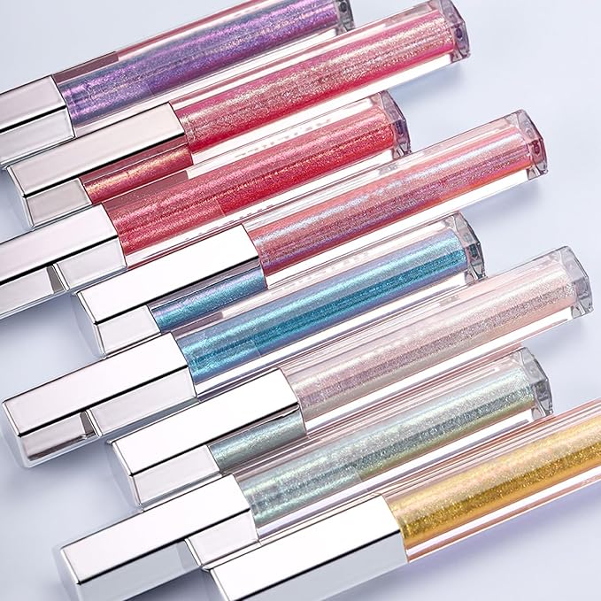 Hot Pink Glitter Lip Gloss Liquid Lipstick, Diamond Shimmer Metallic Sparkly Iridescent Chameleon Lip Gloss Gift for Women, Long Lasting Waterproof Highly Pigment Holographic Lip Makeup05