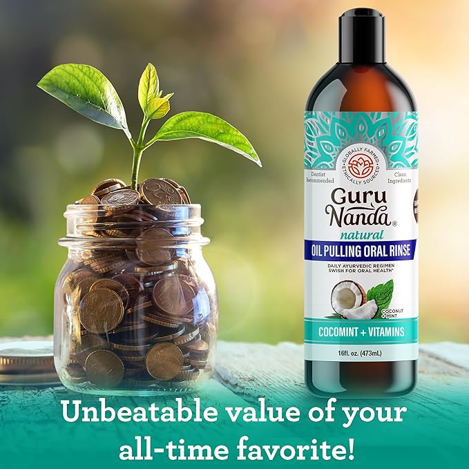 GuruNanda CocoMint Oil Pulling Mouthwash for Complete Oral Hygiene, 7 Essential Oils & Vitamins for Happy Teeth & Gums & Fresh Breath, Alcohol-Free, 16 oz