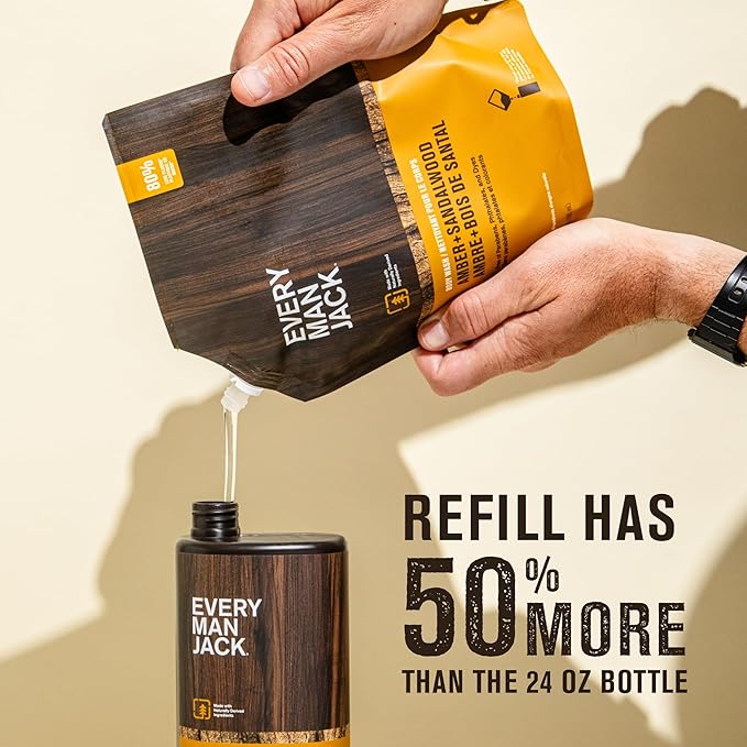 Every Man Jack Amber + Sandalwood Mens Body Wash Refill Starter Pouch - Naturally Derived Ingredients - Paraben Free, Phthalate Free, Dye Free - (1-36oz pouch, 1-24oz bottle)