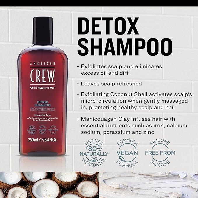 American Crew Detox Shampoo for Men, Naturally Derived, Vegan Formula, Citrus Mint Fragrance, 33.8 Fl Oz