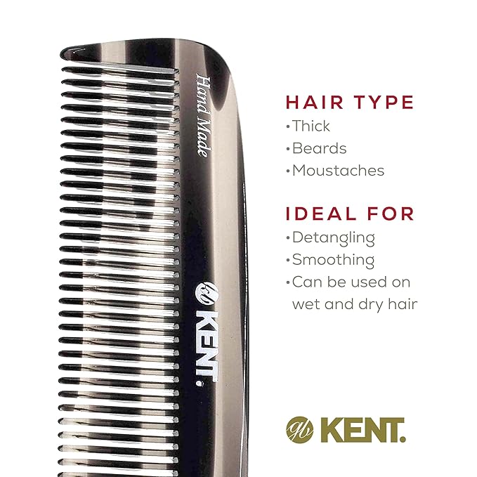Kent 12T G Wide Tooth Detangling Comb - Handmade Pocket Comb for Thick, Curly, Wavy Hair - Large Tooth Hair and Beard Grooming Comb, Saw-Cut and Hand Polished