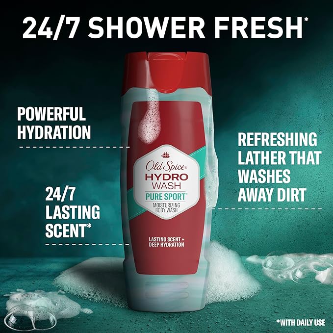 Old Spice Moisturizing Body Wash for Men, Hydro Wash, 2-in-1 Long Lasting Scent & Deep Hydration, 24/7 Shower Fresh, Pure Sport Scent, 21 oz (Pack of 4)