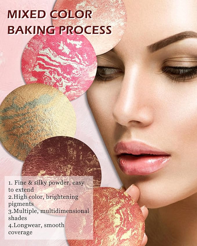 Baked Powder Blush, Glow Marbleized Blush Powder Palette,Lightweight Shimmery face Blush for Cheek,Eyeshadow Highlight,Women's Day Makeup Gift for Women rubores de maquillaje(0.49Ounce)-05