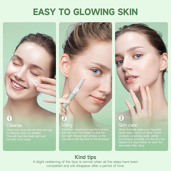 Dermaplane Razor - Facial Hair Removal Tool with 8 Refill Blades, Exfoliating Dermaplaning Tool for Face, Eyebrow Razor with Safety Cover, Face Shaver for Women (Green)