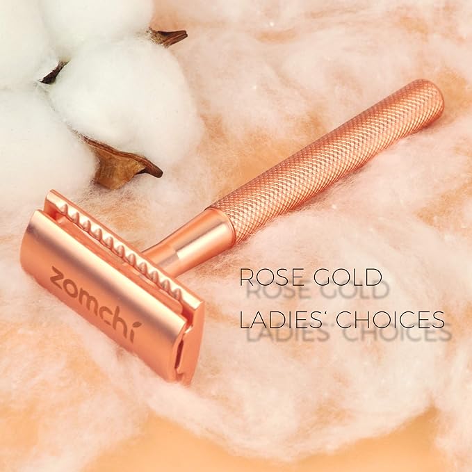 Safety Razor for Women, Men's Single Blade Razor with a Razor Stand with 10 Blades, Double Edge Razor with a Texture Handle, Metal Razor Women, Fits All Double Edge Razor Blades (Rose Gold)