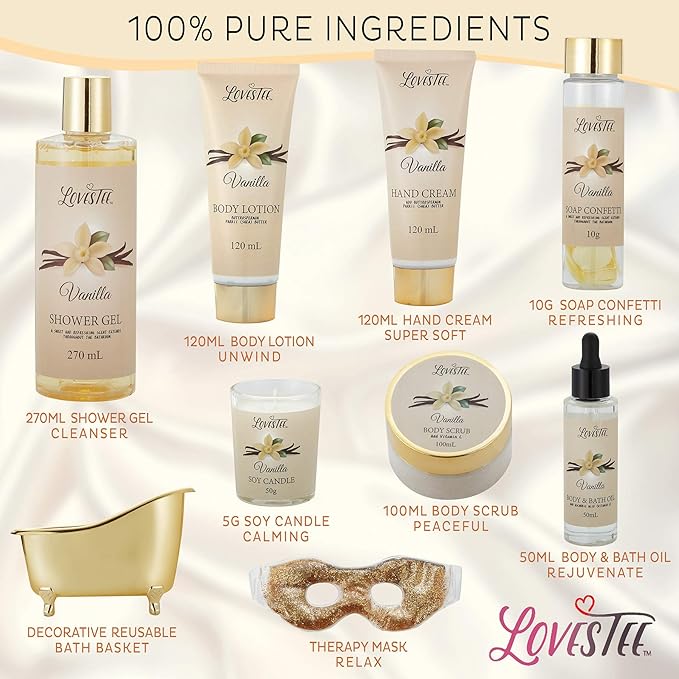 Mothers Day Gifts, Spa Basket for Women, Vanilla Bath & Body Set, Christmas & Birthday Gift, Includes Shower Gel, Body Lotion, Hand Cream, Body Scrub, Message Oil, Candle, Eye Mask, Confetti