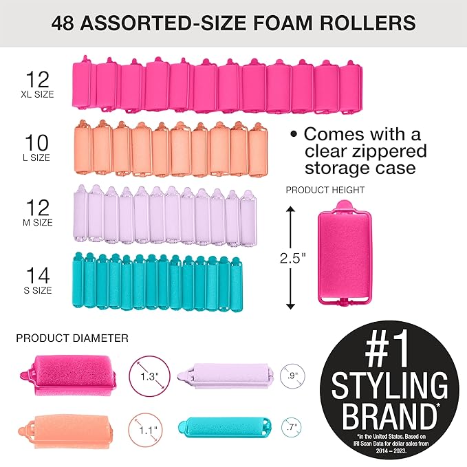 Conair Foam Hair Rollers - 48 Count, Assorted Colors - Heatless Curls, Overnight Curls, Foam Rollers with Storage Case