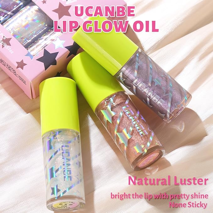 UCANBE 3 Reflective Color Lip Glow Oil - Instense High-moisture Lip Oil (Pink/Crystal/Mermaid), Luxurious Non-Sticky Mositurizing Lip Top Gloss for All-Day Wear and Comfort