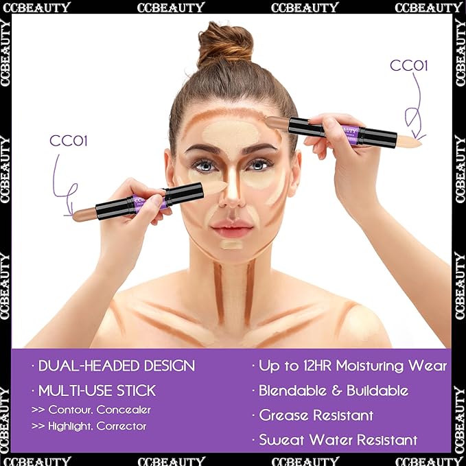 CCbeauty 2-IN-1 Matte Contour Stick,Cream Dual Highlight Concealer