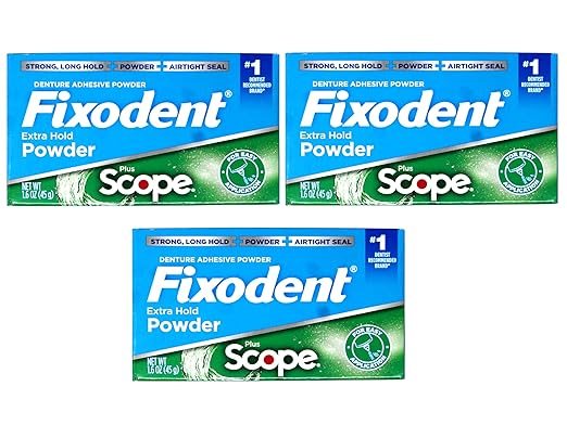 Fixodent Denture Adhesive Powder, Extra Strong, Plus Scope, Strong, Long Hold Powder, Airtight Seal, 1.6 OZ, Pack of 3