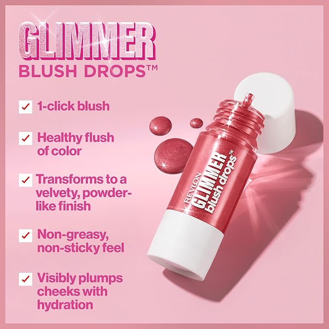 Revlon Glimmer Blush Drops, Liquid Blush for Cheeks, Liquid to Velvety Powder Finish, Glowy, High Pigment, 101 Coralicious, 0.32 fl oz