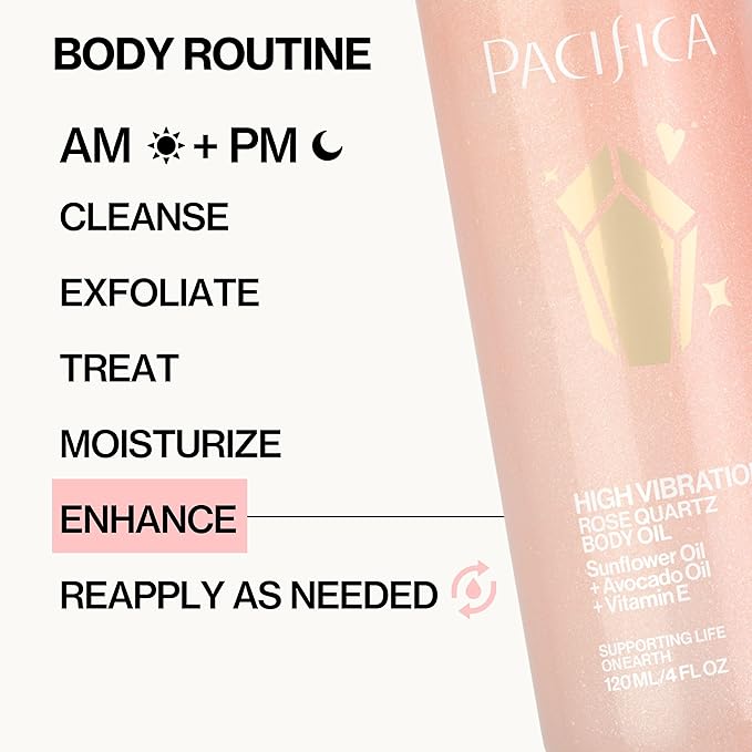 Pacifica Rose Quartz Body Oil – High Vibration Hydrating Body Oil with Natural Plant Oils & Rose Quartz Crystals, Moisturizing & Nourishing, Vegan & Cruelty-Free, Clean Beauty, Floral Scent, 4 oz