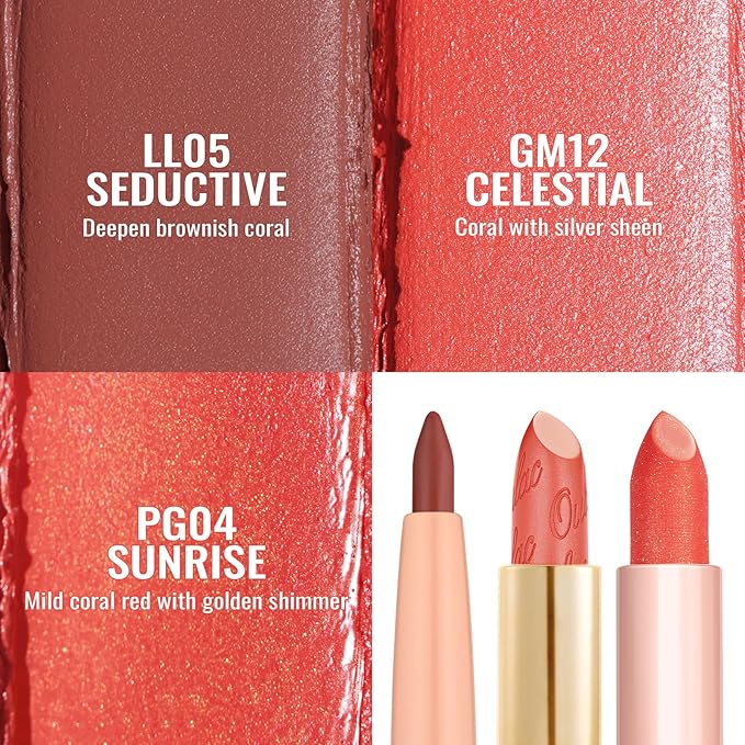 Oulac Lipstick & Lipliner Set 3PCS High Impact Lipcolor with Moisturizing Formula, Vegan Beauty, Full-Coverage Lip Color, Gift Lipstick for Women, LL05+GM12+PG04