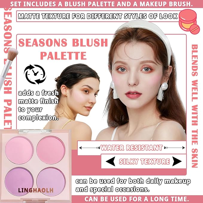 4 Colors Blush Palette for Cheeks,Face Matte Contour Brush 02