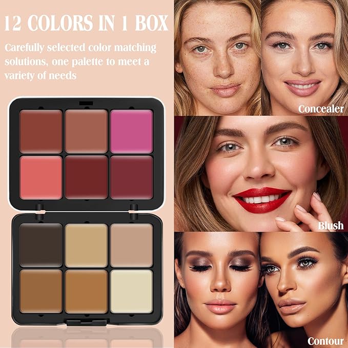 12 Colors Cream [Blush Contour Concealer] Makeup Palette for Cheeks - All in One Makeup Palette Kit with Brush, Natural Matte Long Wearing, Waterproof Blendable Face Make Up Pallete (#02)