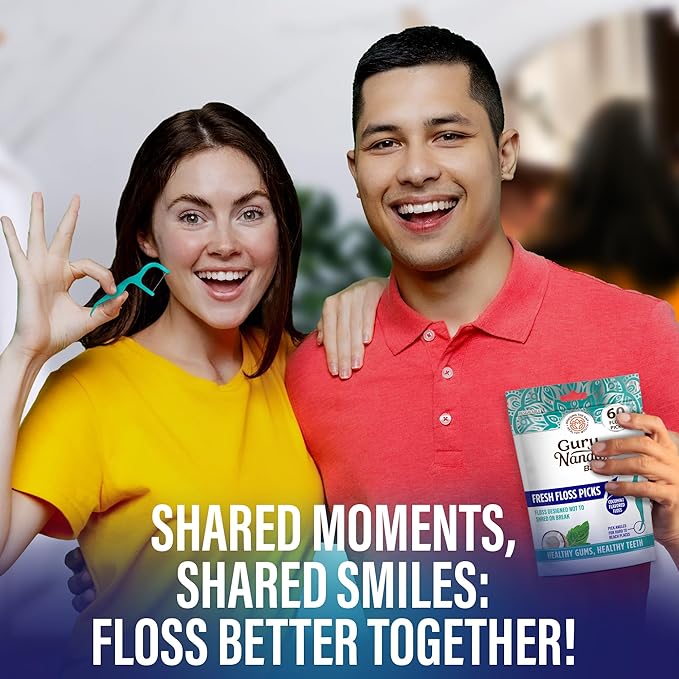 GuruNanda Fresh Floss Dental Picks - Non- Shred Thread with Angled Pick for Effective Plaque Removal - Dentist Recommened - Travel Friendly for Adults & Kids - 60 Pack