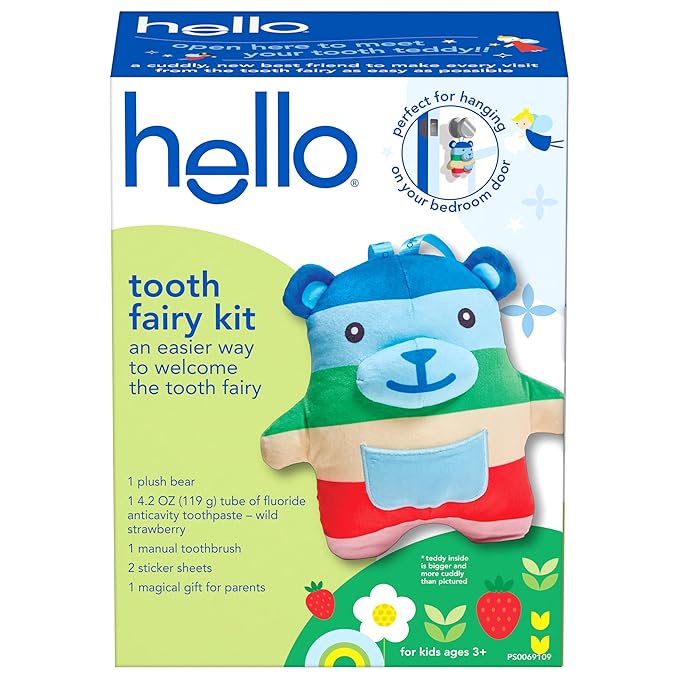 hello Tooth Fairy Kit with Tooth Fairy Door Hanger and Teddy Bear, Includes Full Size Fluoride Kids Strawberry Toothpaste and Kids Toothbrush, for Children Ages 3 and Up