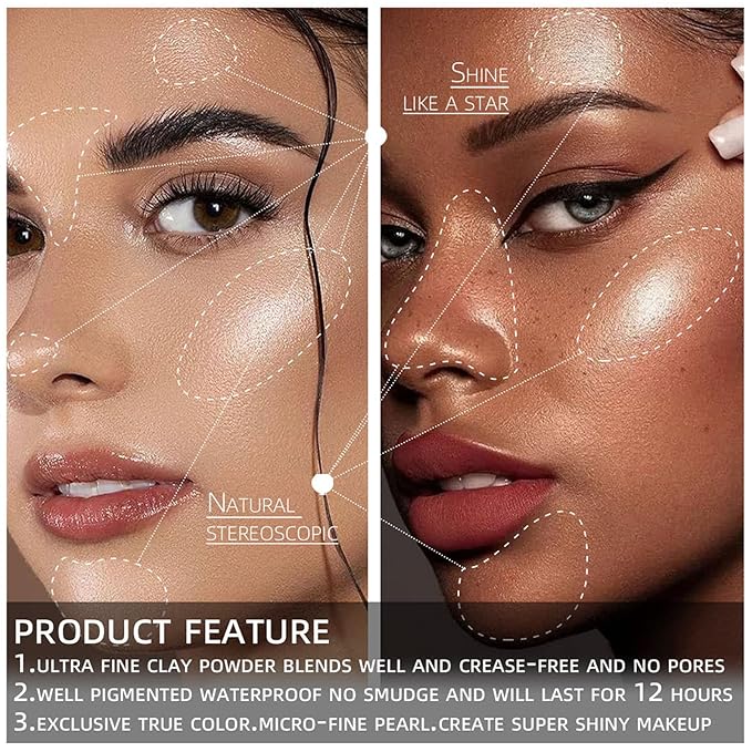 4 Colors Diamond Shimmering Powder, High Glossy Face Highlighter Eyeshadow