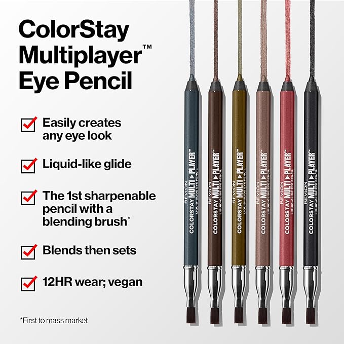 REVLON ColorStay Multiplayer Liquid-Glide Eye Pencil, Multi-Use Makeup With Blending Brush, Blends Then Sets, Creamy Texture, Waterproof, Smudge-proof, Longwearing, 401 Checkmate, 0.03 Oz