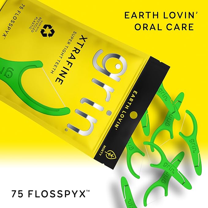 GRIN XtraFine Flosspyx, Floss Picks, 75 Count, Dental Flossers, Minty Flavor, Recycled Plastic, for Super Tight Teeth, Longer Floss Head, Slide Between Teeth, Includes Safe Soft Fold-Back Tooth Pick