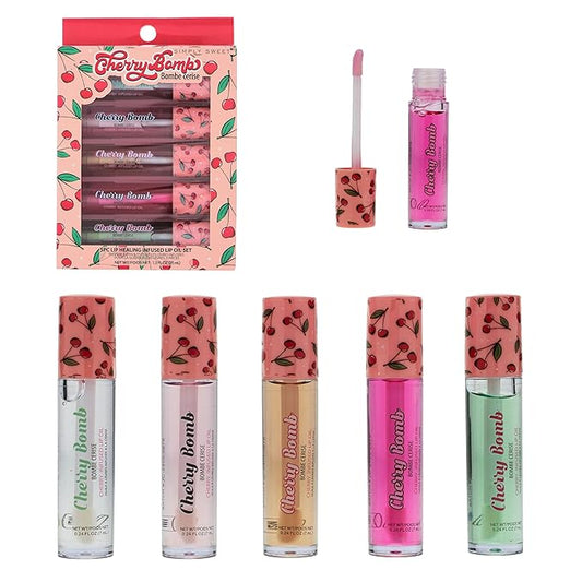 5pc Lip Oil Set - Cherry Bomb Lip Oils, Lip Healing Cherry Infused Lip Oil Collection with Precision Applicator Wand Everyday Lip Care and Lip Repair (CHERRY BOMB)