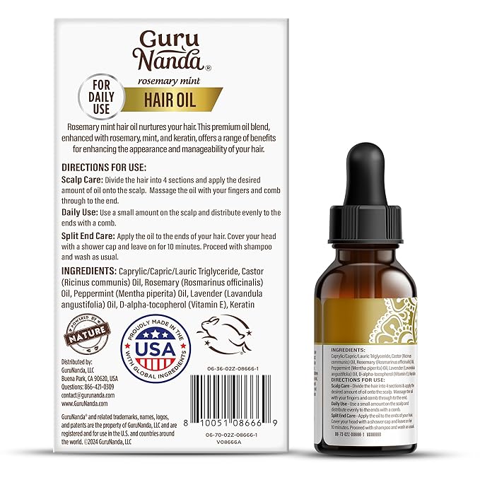 GuruNanda Rosemary Mint for Hair Growth with Keratin & Vitamin E Oil - Encourages Scalp, Shine & Hair Strengthening- 100% Natural, Cruelty-Free, 2oz