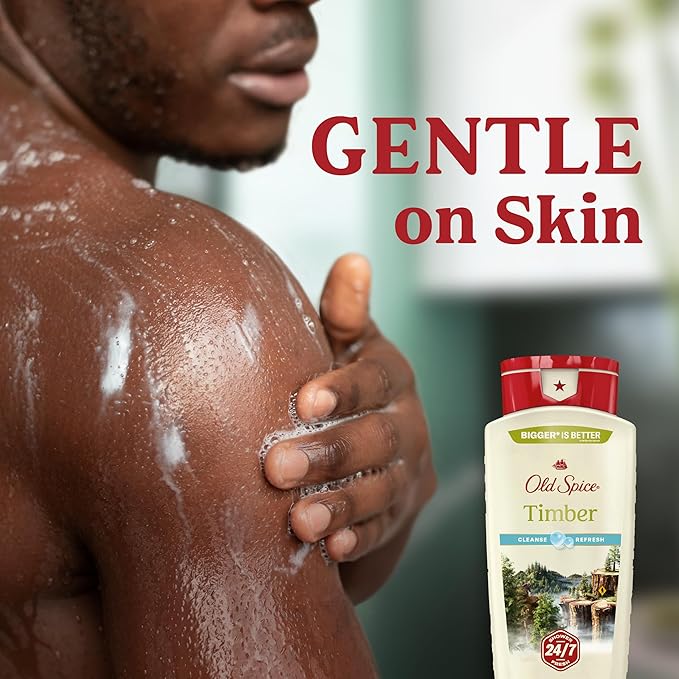Old Spice Cleansing Body Wash for Men, 24/7 Shower Fresh with Lasting Scent, Cleanse & Refresh, Gentle on Skin, Vitamin B3, Timber with Sandalwood + Cypress Scent, 18 oz (Pack of 4)