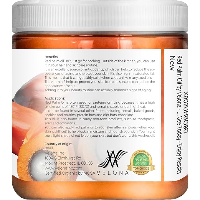velona USDA Certified Organic Red Palm Oil 8 Fl Oz | Food and Cosmetic Grade | in jar | Extra Virgin, Cold Pressed | Skin, Face, Body, Hair Care | Use Today - Enjoy Result